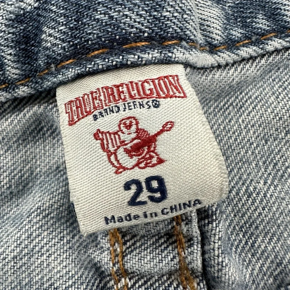 True Religion Slim Fit Jeans Men 29x34 Blue‎ Distressed Flap Pockets Light Wash